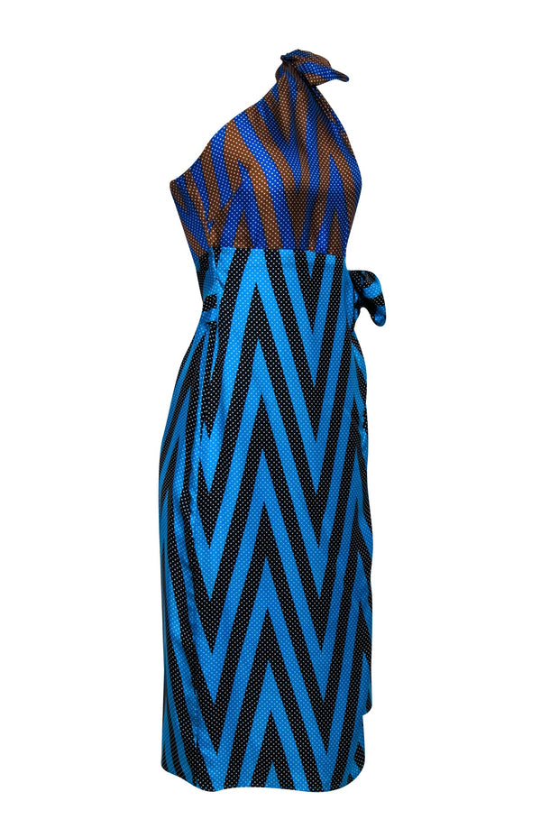 Current Boutique-Diane von Furstenberg - Teal, Blue, Black, & Tan Polka Dot Print One Shoulder Dress Sz 8