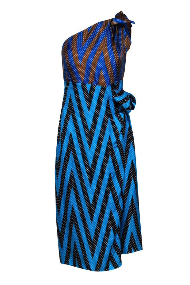 Current Boutique-Diane von Furstenberg - Teal, Blue, Black, & Tan Polka Dot Print One Shoulder Dress Sz 8
