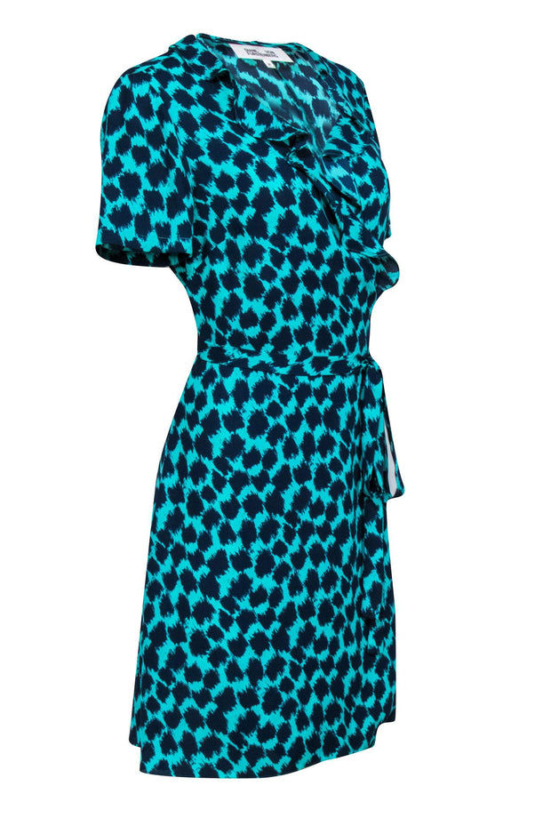Current Boutique-Diane von Furstenberg - Teal & Navy Leopard Print Short Sleeve Wrap Dress Sz M