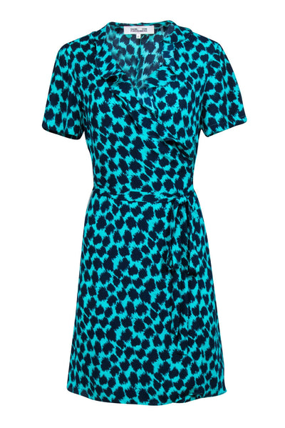 Current Boutique-Diane von Furstenberg - Teal & Navy Leopard Print Short Sleeve Wrap Dress Sz M