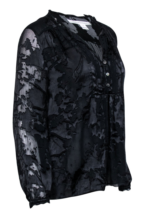 Current Boutique-Diane von Furstenberg - Textured Black Silk Blend Long Sleeve Blouse Sz 8