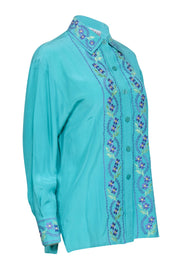 Current Boutique-Diane von Furstenberg - Turquoise Silk Blouse w/ Lavender Floral Embroidery Sz XS