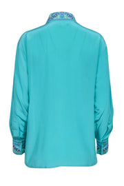 Current Boutique-Diane von Furstenberg - Turquoise Silk Blouse w/ Lavender Floral Embroidery Sz XS