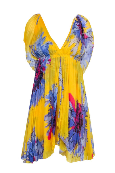 Current Boutique-Diane von Furstenberg - Yellow Floral Print Pleated Dress Sz 10