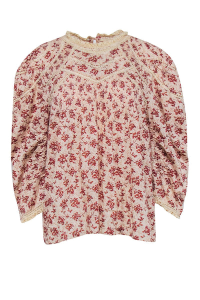 Current Boutique-Doen - Beige w/ Red Floral Print Long Sleeve Top Sz XL
