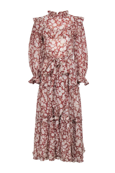 Current Boutique-Doen - Rust Red & Cream Floral Print Long Sleeve Maxi Dress Sz M