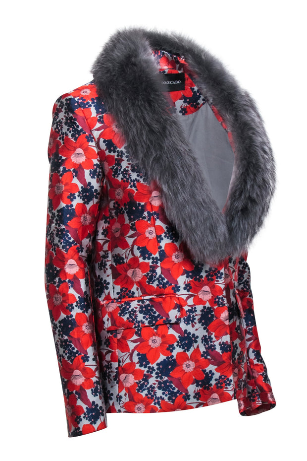 Current Boutique-Dolce Cabo - Red, Grey, & Navy Jacquard Floral Blazet w/ Fox Fur Collar Sz S