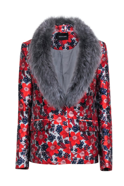 Current Boutique-Dolce Cabo - Red, Grey, & Navy Jacquard Floral Blazet w/ Fox Fur Collar Sz S