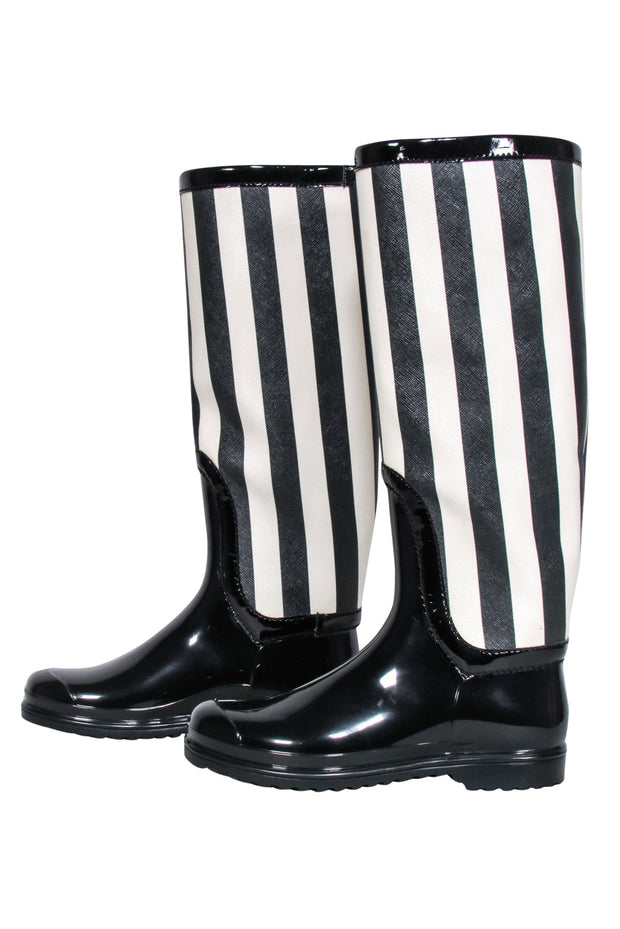 Current Boutique-Dolce & Gabbana - Black & Cream Striped Rain Boots Sz 8