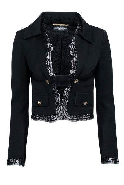 Current Boutique-Dolce & Gabbana - Black Cropped Blazer w/ Lace Trim & Double Breasted Buttons Sz 2