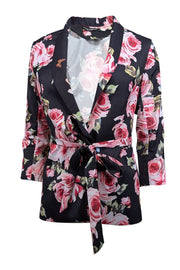 Current Boutique-Dolce & Gabbana - Black & Pink Rose Print Waist Tie Blazer Sz S