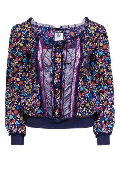 Current Boutique-Dolce & Gabbana - Purple Floral Print Lace Button Front Blouse Sz 6