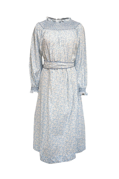 Current Boutique-Dondolo - White & Blue Floral Print Cotton Midi Dress w/ Smocked High Neck Sz S