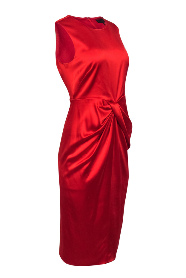 Current Boutique-Donna Karan - Red Satin Sleeveless Middle Ruched Dress Sz 8