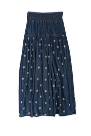 Current Boutique-Double D Ranch - Blue Denim w/ White Eyelet Flowers Maxi Skirt Sz 8