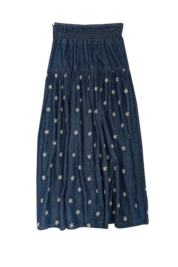 Current Boutique-Double D Ranch - Blue Denim w/ White Eyelet Flowers Maxi Skirt Sz 8