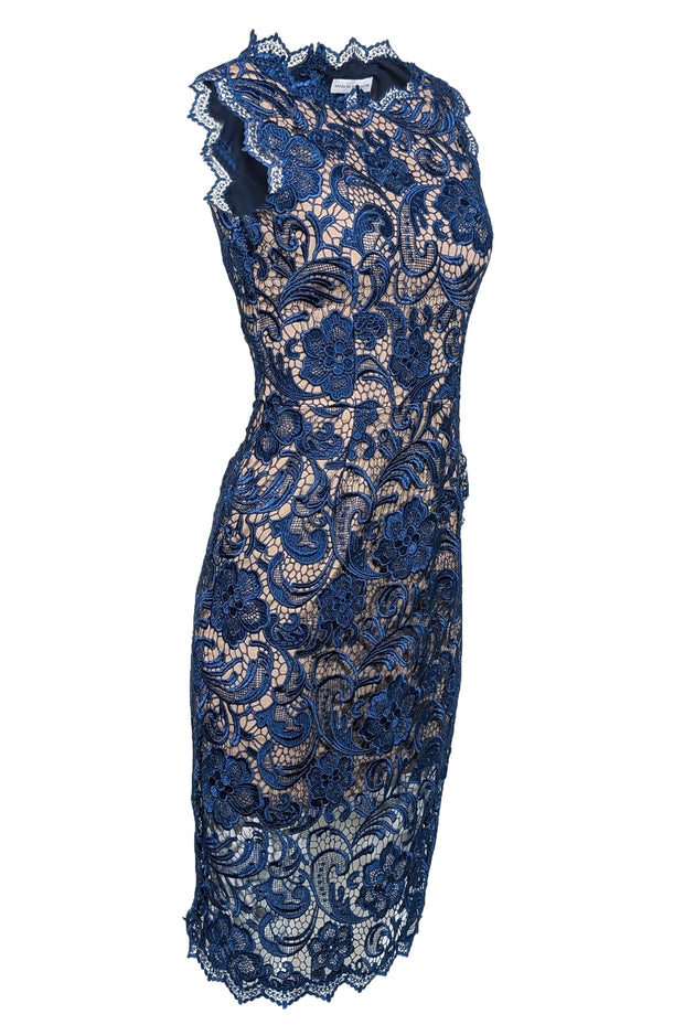 Current Boutique-Dress The Population - Navy Lace Sheath Dress w/ Nude Underlay Sz XS