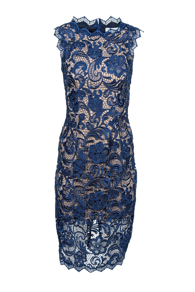 Current Boutique-Dress The Population - Navy Lace Sheath Dress w/ Nude Underlay Sz XS