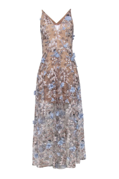 Dress the Population - Tan Sleeveless w/ 3D Flowers 'Sidney Gown' Maxi Dress Sz S