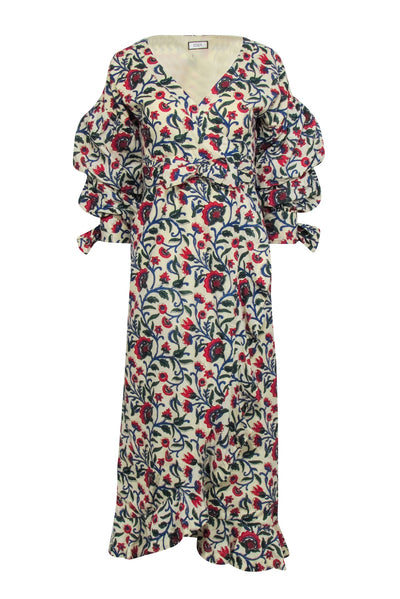 Current Boutique-Eddy - Cream w/ Scarlet & Blue Floral Print Midi Wrap Dress Sz S