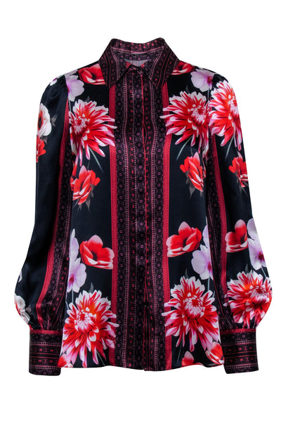Current Boutique-Elie Tahari - Black w/ Red & Purple Floral Scarf Print Silk Blouse Sz S
