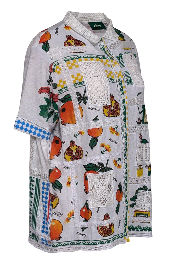 Current Boutique-Eliou - White w/ Multicolor Fruit Print Crochet Patchwork Shirt Sz L