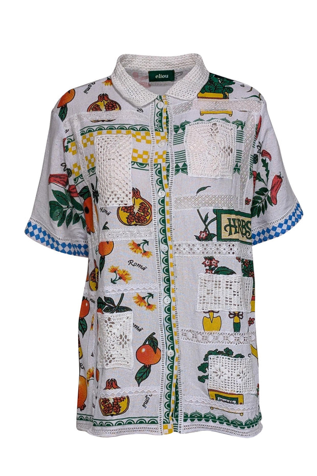 Current Boutique-Eliou - White w/ Multicolor Fruit Print Crochet Patchwork Shirt Sz L