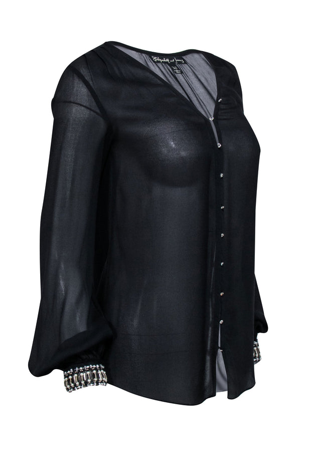 Current Boutique-Elizabeth & James - Black Embellished Semi-Sheer Silk Blouse Sz XS
