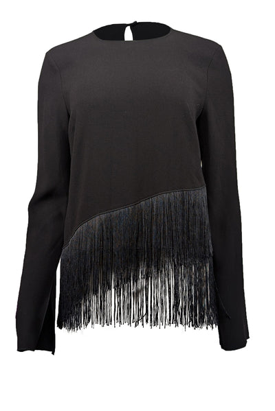 Current Boutique-Elizabeth & James - Black Long Sleeve Top w/ Asymmetrical Fringe Trim Sz S