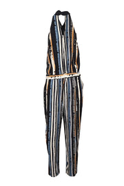 Current Boutique-Ella Moss - Black, White, Orange & Teal Striped Print Sleeveless Jumpsuit Sz L