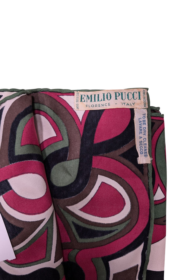 Current Boutique-Emilio Pucci - Pink, Green, Brown, Black, & White Abstract Print Silk Scarf