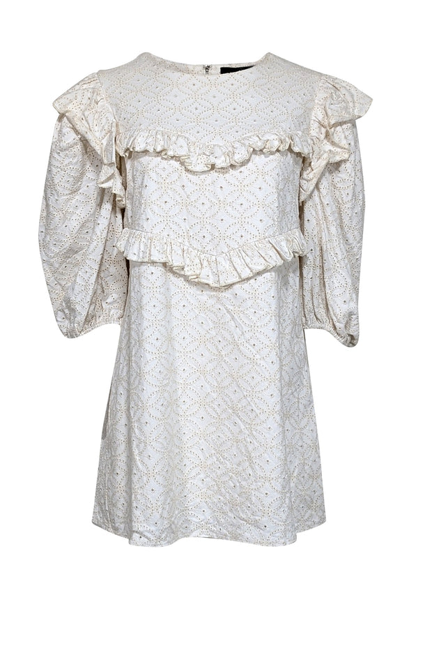 Current Boutique-En Saison - Cream Long Sleeve Eyelet Mini w/ Ruffle Details Dress Sz L