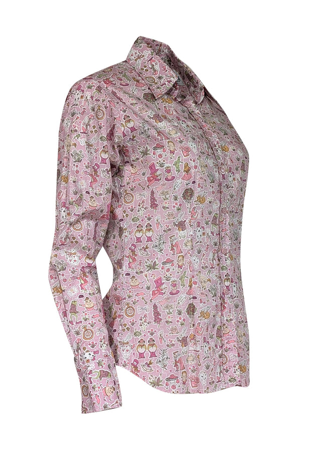 Current Boutique-English Country Classics - Pink Long Sleeve Alice in Wonderland Print Top Sz 10