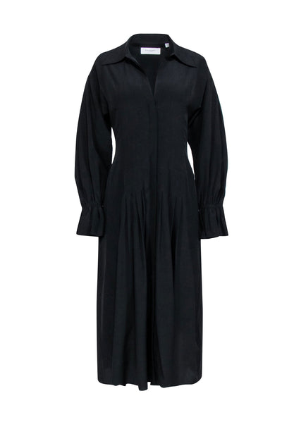 Equipment - Black Silk Pleated Midi Dress w/ Flared Sleeves Sz 6
