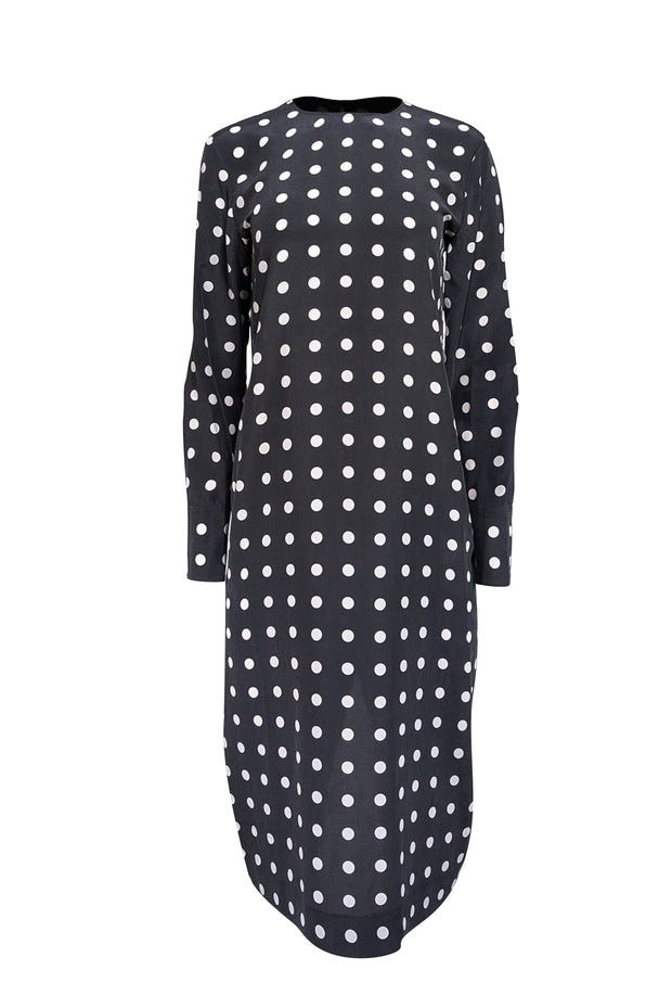 Current Boutique-Equipment - Black w/ Cream Polka Dot Print Silk Dress Sz S