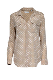 Current Boutique-Equipment - Dark Beige & White Polka Dot Print Silk Blouse Sz S