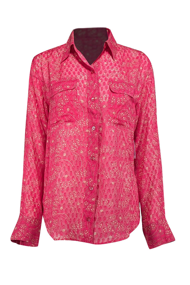 Current Boutique-Equipment - Dark Pink & Beige Lace Pattern Silk Blouse Sz S