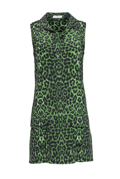 Current Boutique-Equipment - Green & Black Leopard Print Silk Sleeveless Button-Up Dress Sz XS