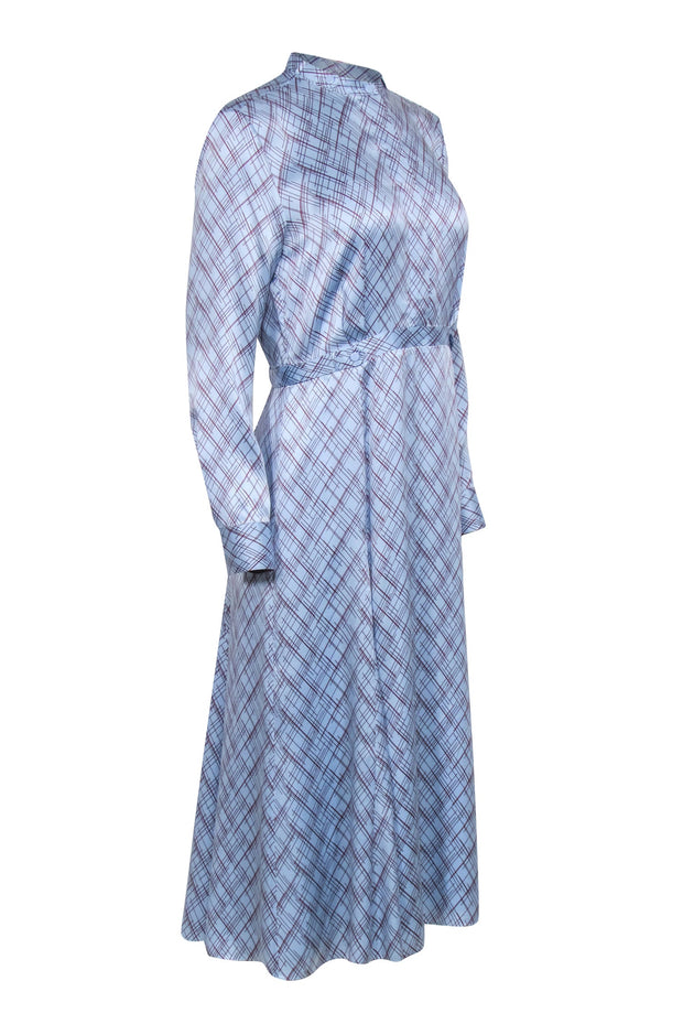 Current Boutique-Equipment - Light Blue & Maroon Crosshatch Print Silk Dress Sz S