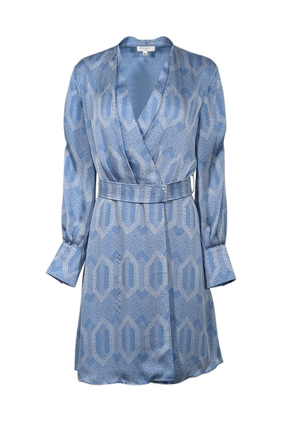 Current Boutique-Equipment - Light Blue & White Printed Satin Wrap Dress w/ Belt Sz 6