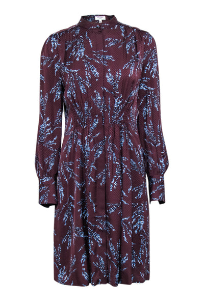 Current Boutique-Equipment - Maroon w/ Blue Floral Print Pleated Long Sleeve Dress Sz 6