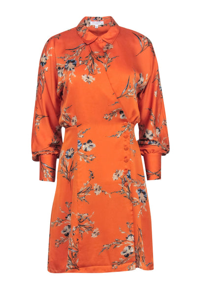 Current Boutique-Equipment - Orange w/ Blue Floral Print Satin Wrap Dress Sz S