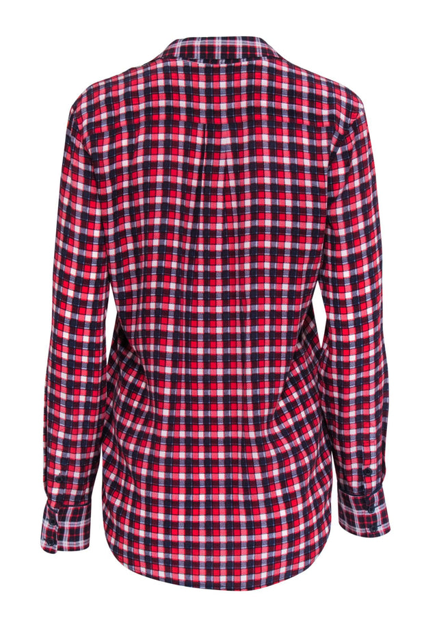 Current Boutique-Equipment - Red, Navy & White Plaid Print Silk Button-Up Shirt Sz S