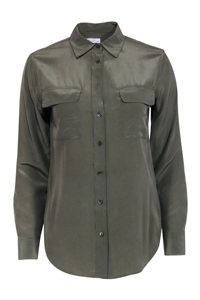 Current Boutique-Equipment - Sage Green Silk Button Up Blouse Sz XS