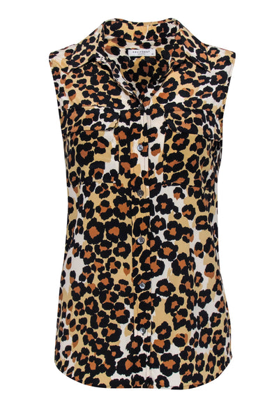 Current Boutique-Equipment - Tan & Black Leopard Print Sleeveless Silk Blouse Sz XS