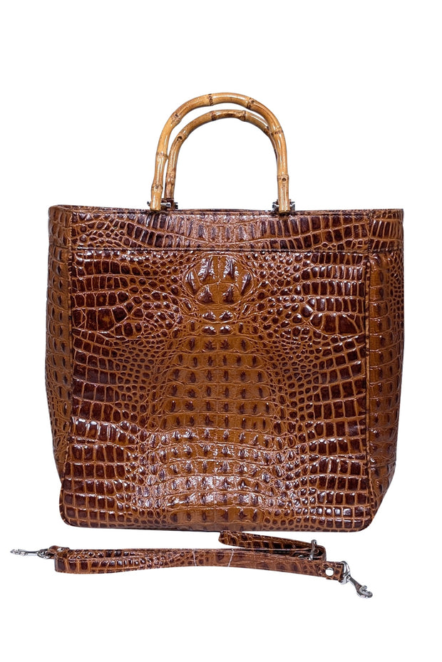 Current Boutique-Eric Brand - Brown Croc Embossed Tote w/ Bamboo Handles & Detachable Strap