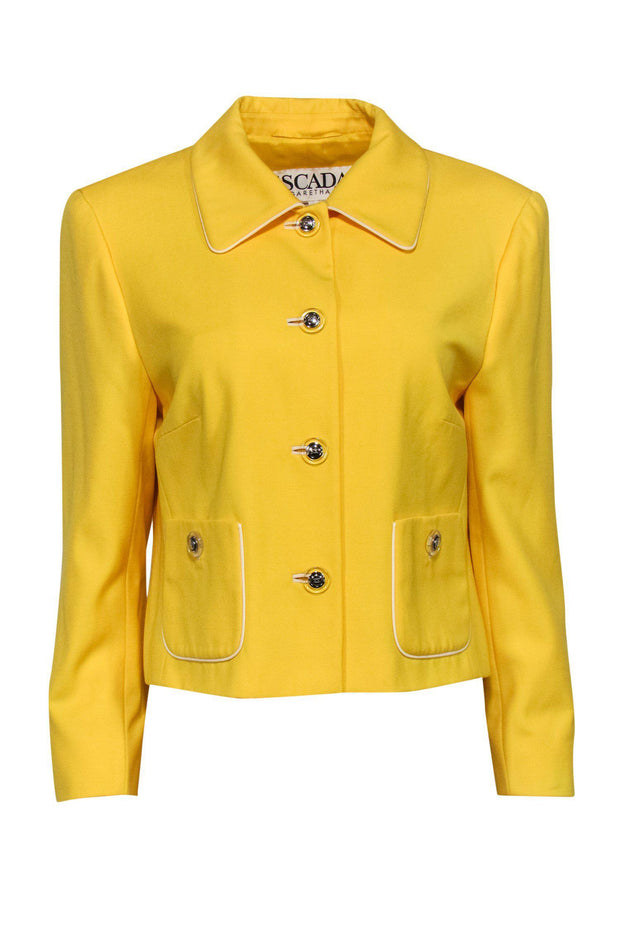 Current Boutique-Escada - Bright Yellow Button-Up Wool Jacket w/ White Trim Sz 10