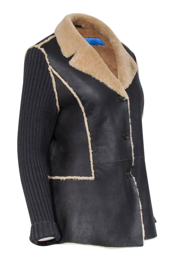 Current Boutique-Escada - Dark Brown Wool & Lambskin Jacket w/ Ribbed Knit Sleeves Sz 10