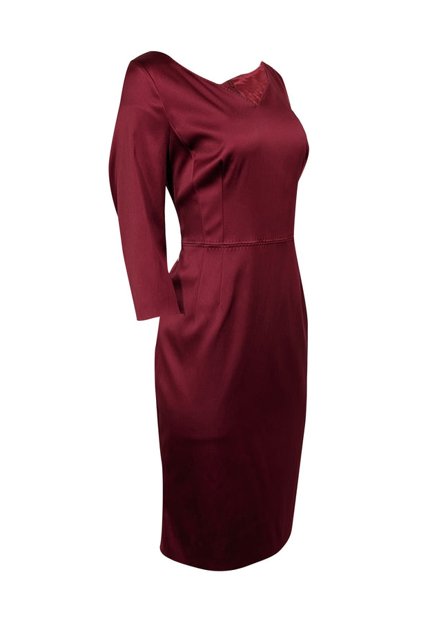 Current Boutique-Escada - Dark Red Satin V-Neckline Dress Sz 12