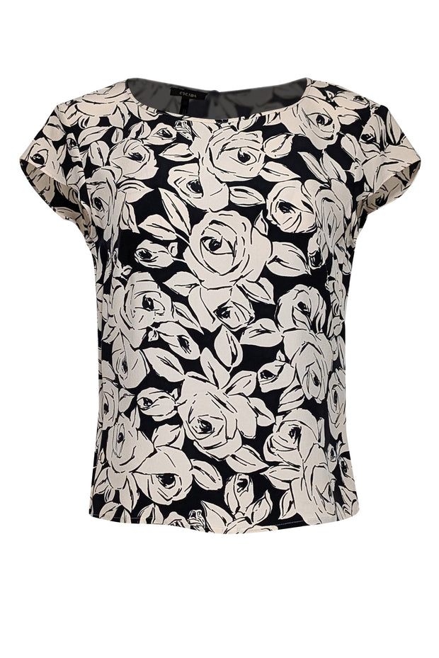 Current Boutique-Escada - Ivory & Black Floral Print Cap Sleeve Blouse Sz 8